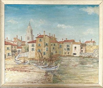 Lot 689 - A French harbour scene, oil on canvas,...