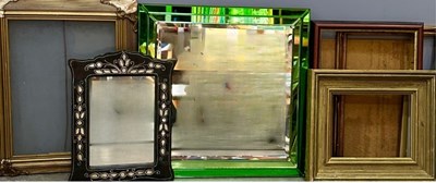 Lot 725 - A square Art Deco mirror with green bevelled...