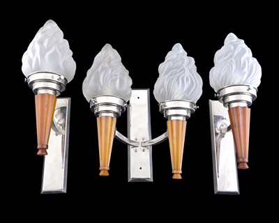 Lot 118 - A suite of three Art Deco wall lights, 1930's,...