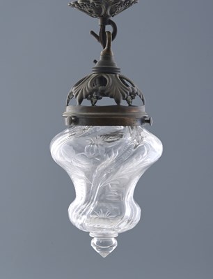 Lot 110 - An Edwardian etched glass pendant light, the...
