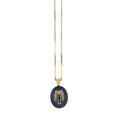 Lot 7 - A late Victorian gold split pearl and black enamel locket pendant and chain