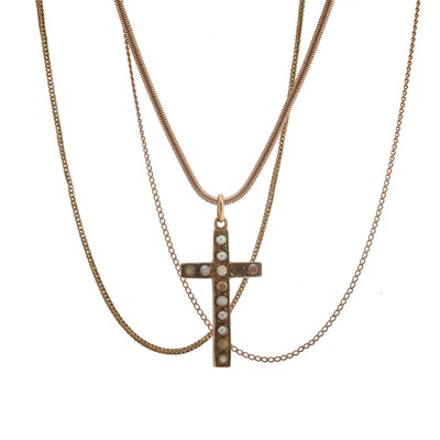Lot 97 - Three 9ct gold chains and a 9ct gold pearl cross pendant