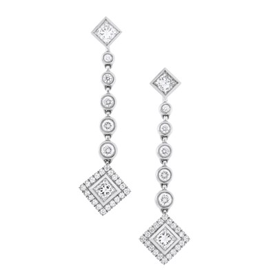 Lot 121 - Tiffany & Co., a pair of platinum Grace brilliant-cut and square shape diamond drop earrings