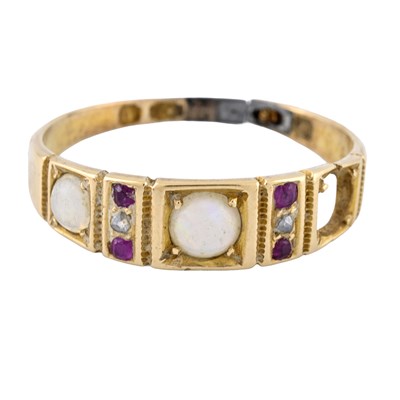 Lot 482 - A mid Victorian 18ct gold opal, ruby and rose-cut diamond ring, AF