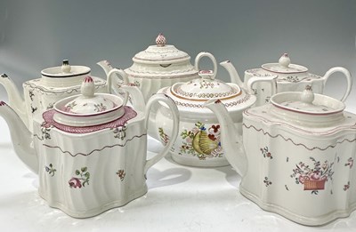 Lot 34 - Six New Hall teapots, circa 1790, straight...