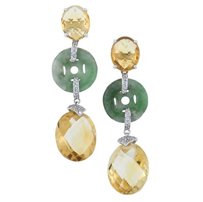 Lot 168 - A pair of citrine, jade and single-cut diamond drop earrings