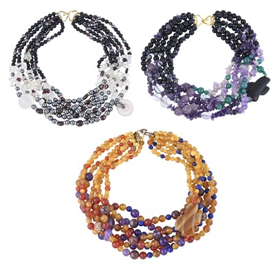 Lot 470 - Kai Yin Lo, three multi-row gemstone bead necklaces.