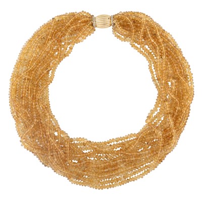 Lot 76 - A multi-row citrine faceted bead necklace with a 14ct gold single-cut diamond clasp