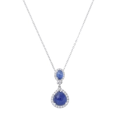 Lot 27 - A sapphire cabochon and brilliant-cut diamond cluster drop pendant, with 18ct gold chain