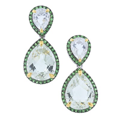 Lot 156 - A pair of prasiolite and tsavorite garnet cluster drop earrings