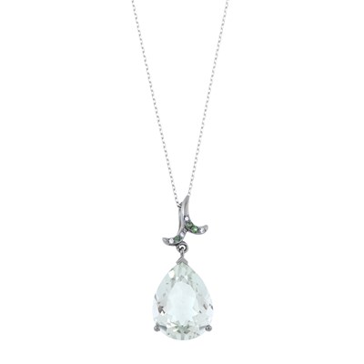 Lot 85 - A prasiolite, tsavorite garnet and brilliant-cut diamond drop pendant, with a platinum chain