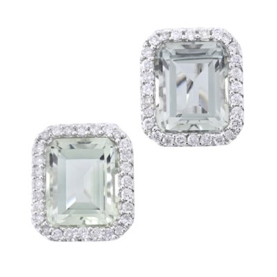 Lot 83 - A pair of prasiolite and brilliant-cut diamond cluster earrings