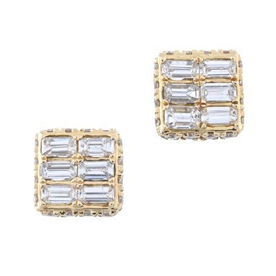 Lot 176 - A pair of baguette-cut and brilliant-cut diamond cluster stud earrings
