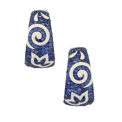Lot 131 - Roberto Coin, a pair of sapphire and white enamel hoop earrings