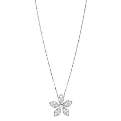Lot 70 - A brilliant-cut and marquise-shape diamond flower pendant, with a bi-colour chain