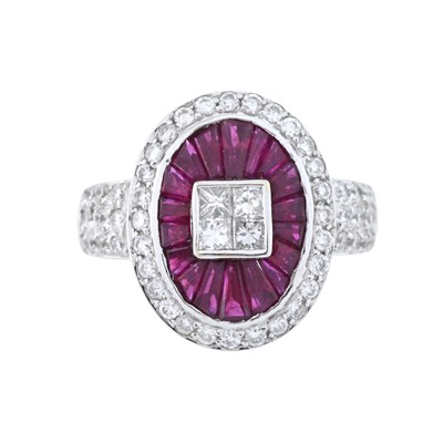 Lot 68 - A ruby, brilliant-cut and square-shape diamond dress ring