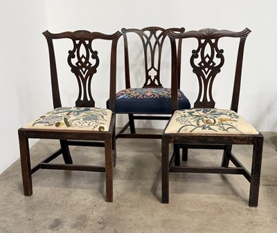 Lot 764 - Three Chippendale style mahogany dining chairs...