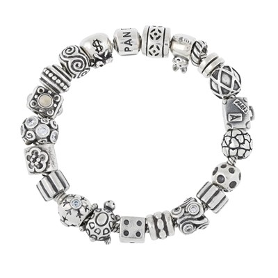Lot 539 - Pandora, a silver charm bracelet holding twenty-two charms.