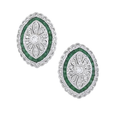 Lot 180 - A pair of brilliant-cut diamond and emerald cluster earrings
