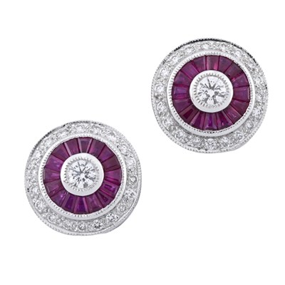 Lot 65 - A pair of ruby and brilliant-cut diamond cluster earrings