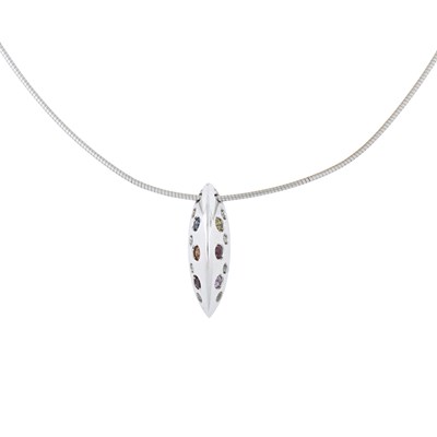 Lot 34 - An 18ct gold multi-hue sapphire and brilliant-cut diamond pendant, with chain