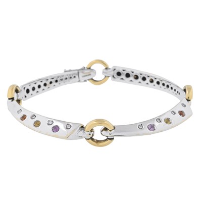 Lot 33 - A bi-colour 18ct gold multi-hue sapphire and brilliant-cut diamond bracelet