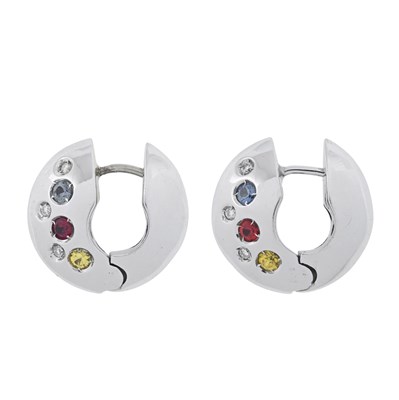 Lot 32 - A pair of 18ct gold multi-hue sapphire and brilliant-cut diamond hoop earrings