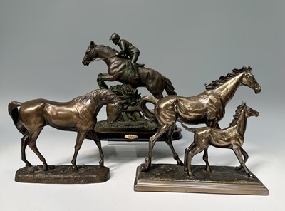Lot 94 - Three resin-cast, bronzed equine figurerine:...