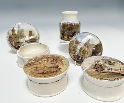 Lot 125 - Five Prattware pots with scenic decoration:...
