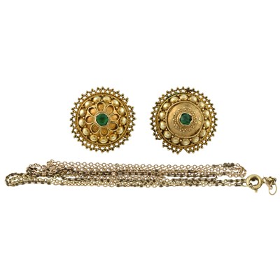Lot 255 - A pair of green paste earrings and a 9ct gold chain necklace