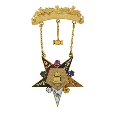 Lot 148 - A mid 20th century 9ct gold paste and enamel Masonic star brooch, with a Masonic pin