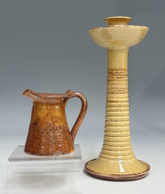 Lot 130 - Ewenny ware yellow glazed ribbed candlestick...