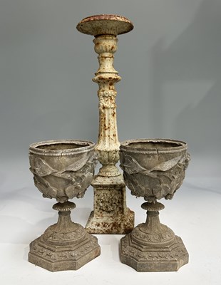 Lot 365 - A pair of cast spelter chalice type fern pots,...