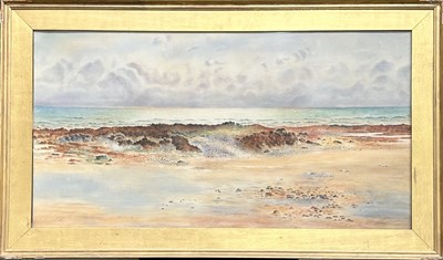 Lot 590 - A coastal scene with gulls feeding on a beach,...