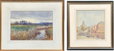 Lot 583 - Two watercolours: a canal scene, 'Leyden'...