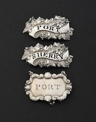 Lot 243 - Three die-stamped silver wine labels, to...