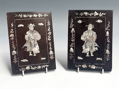 Lot 345 - A pair of mother-of-pearl inlaid wood plaques...