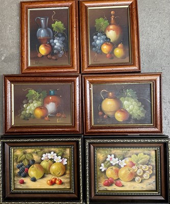 Lot 666 - Six oil on canvas board fruit studies, four...