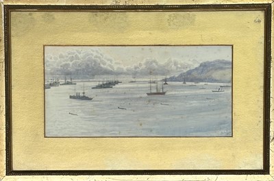 Lot 565 - A naval anchorage of battleships and sailboats...