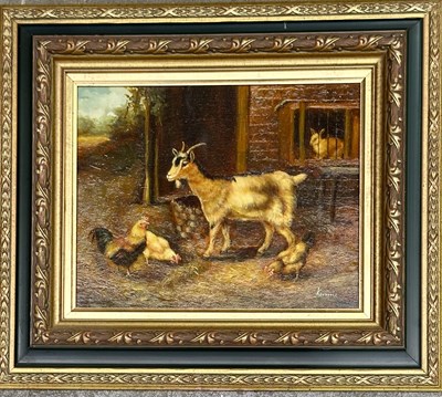 Lot 635 - A farmyard scene with goats, hens and a caged...