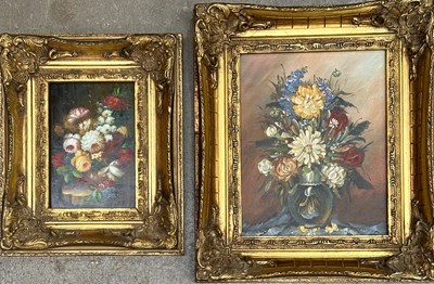 Lot 618 - Two oil on board still-life flower paintings:...