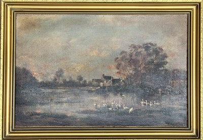 Lot 575 - British School, 19th century, a duck pond at...