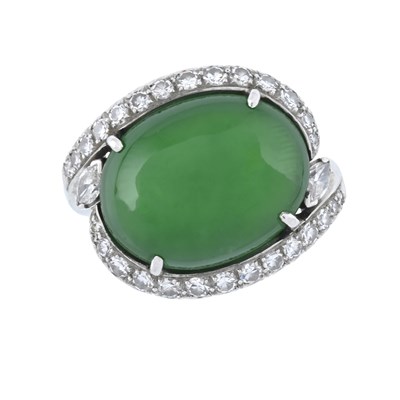 Lot 169 - A jadeite cabochon, single-cut and marquise shape diamond dress ring