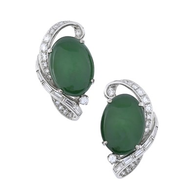 Lot 171 - A pair of jadeite cabochon, single-cut, brilliant-cut and baguette-cut diamond earrings