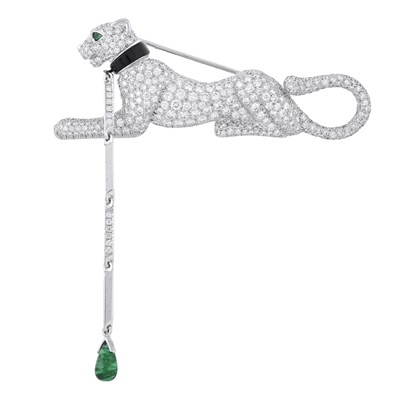 Lot 86 - Cartier, an 18ct gold diamond, emerald and black enamel Cartier Panthere brooch