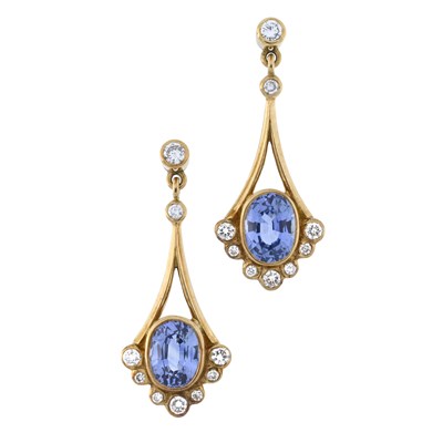 Lot 31 - A pair of 18ct gold sapphire and brilliant-cut diamond drop earrings