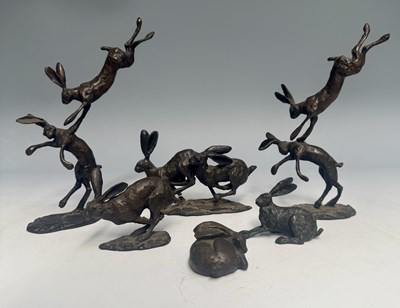 Lot 377 - A collection of cast metal hare figures,...