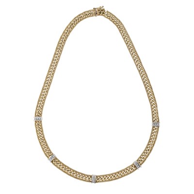 Lot 107 - A 9ct gold fancy link chain necklace, with brilliant-cut diamond bar spacers