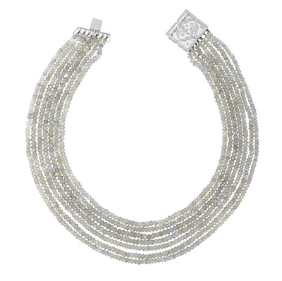 Lot 82 - A labradorite faceted bead seven strand necklace with a brilliant-cut diamond clasp