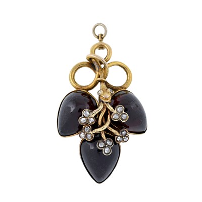 Lot 8 - A mid Victorian gold garnet cabochon and rose-cut diamond pendant, with later chain